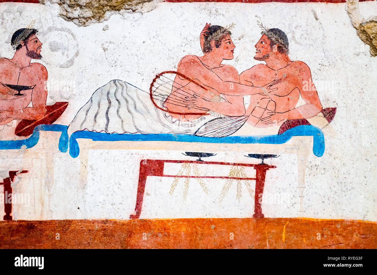 Paestum, ancient frescoes in the tomb of the diver Stock Photo