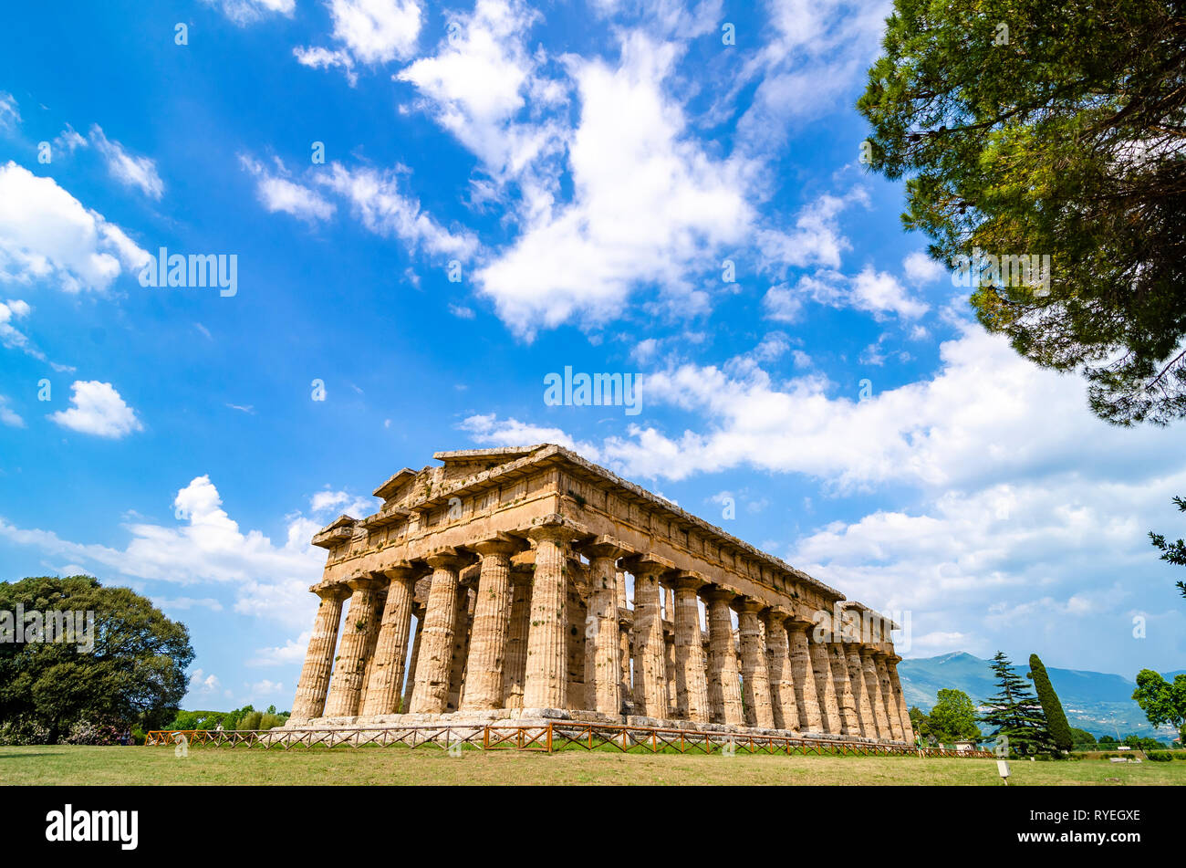 The Temple of Hera II, also called the Temple of Neptune, is a Greek temple in Paestum, Italy Stock Photo