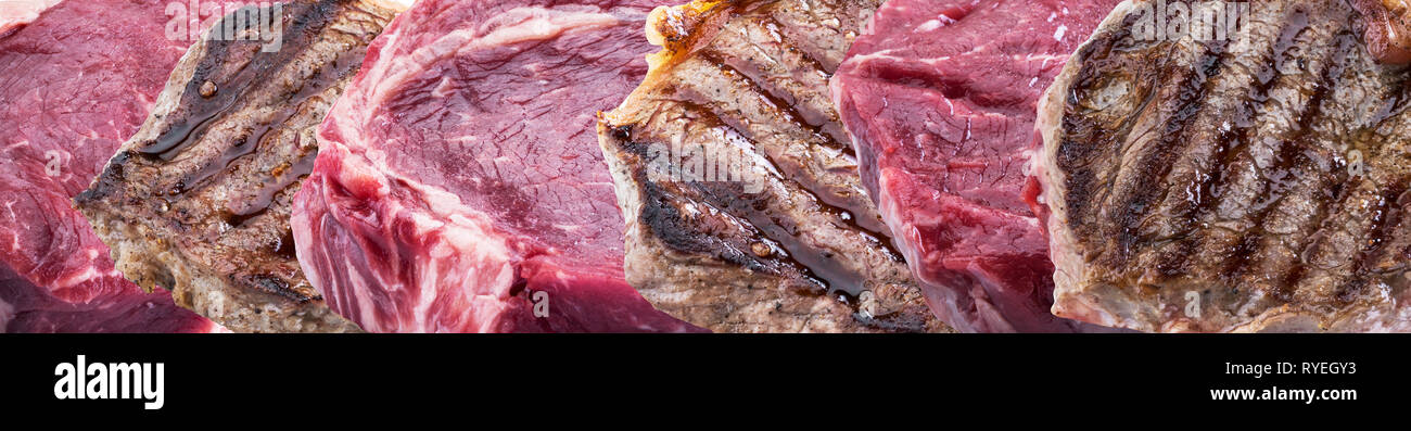 Line of raw and barbecue beef steaks. Food background Stock Photo - Alamy