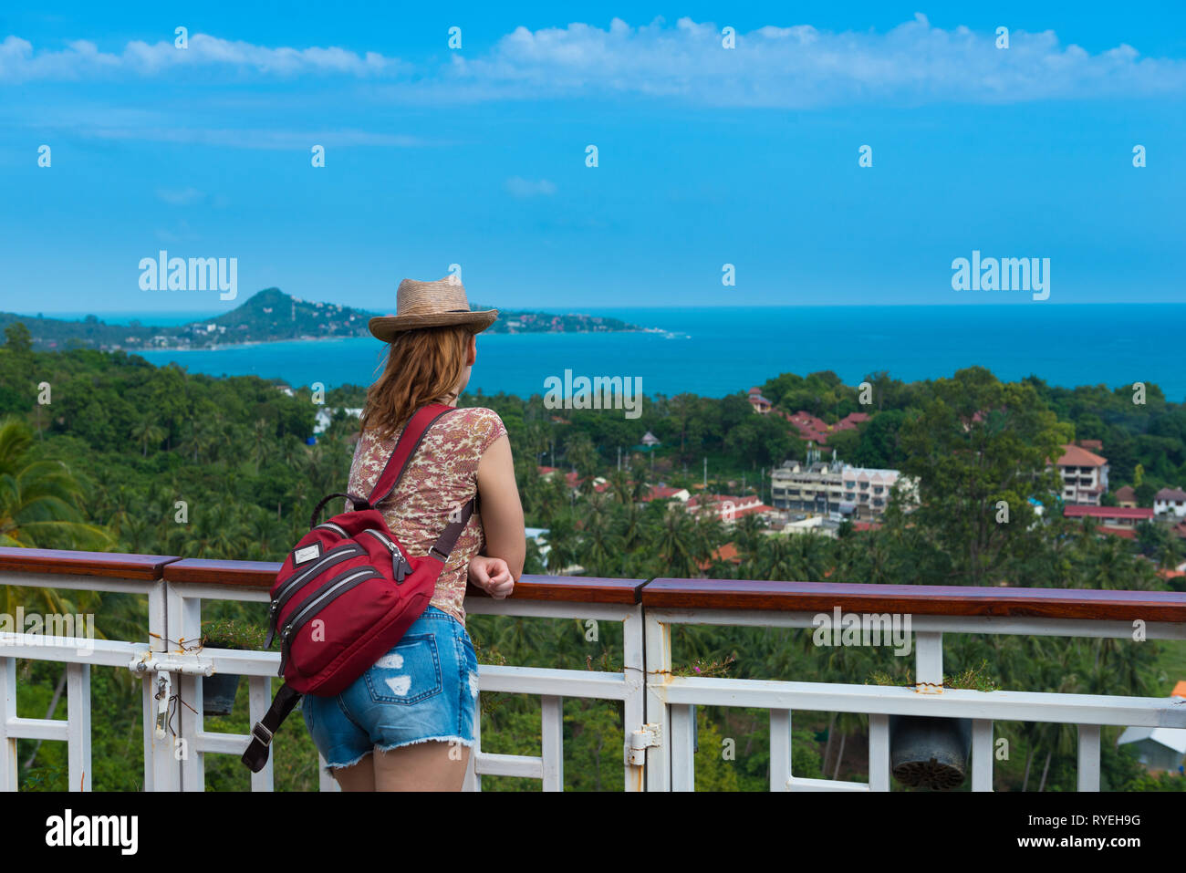 Tourist girl standing on observation deck Lamai viewpoint in Samui island, Thailand Stock Photo