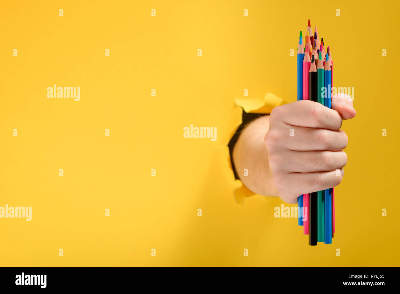 Hand holding colored pencils Stock Photo