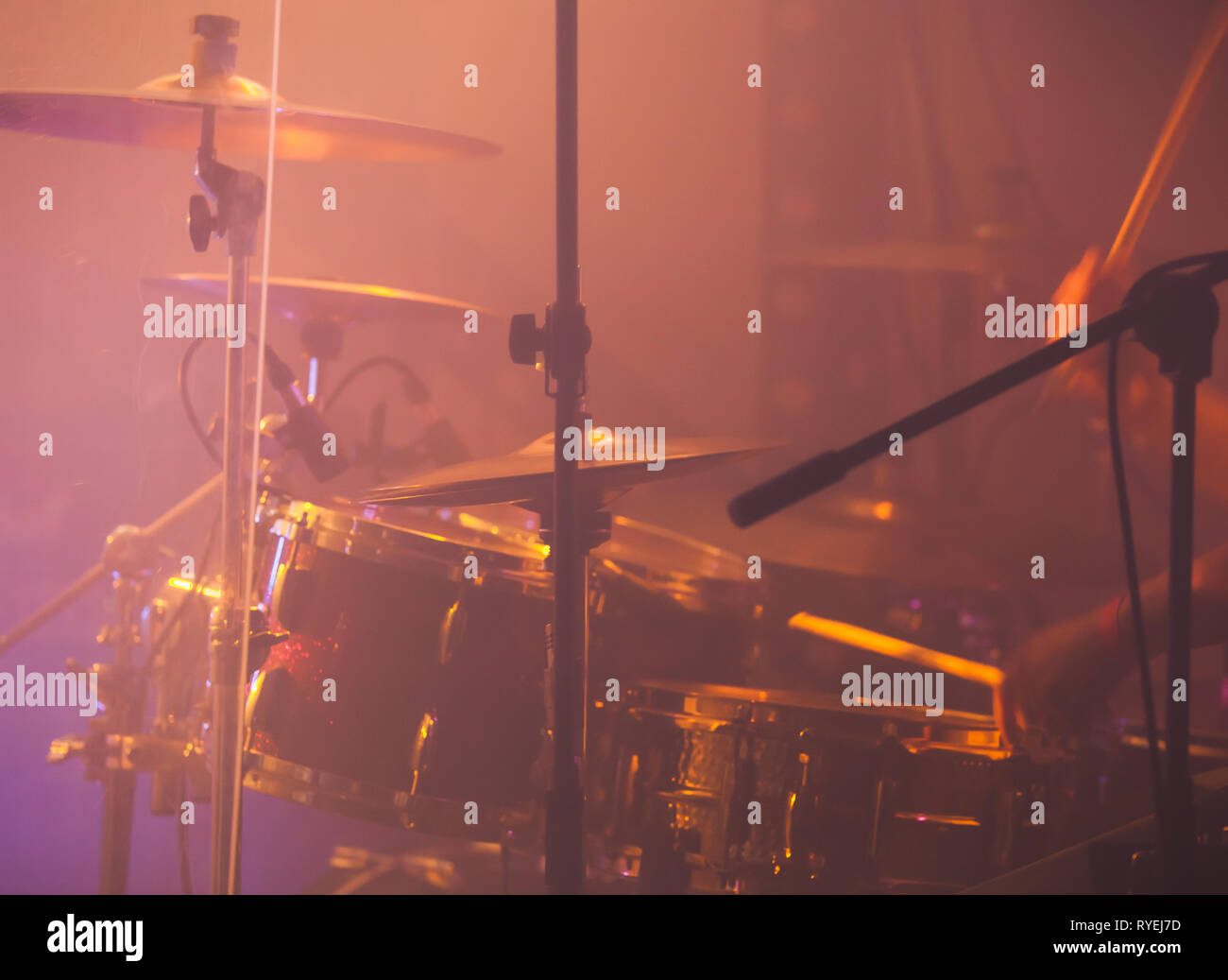 Live music photo background with rock drum set. Close-up photo, soft selective focus Stock Photo
