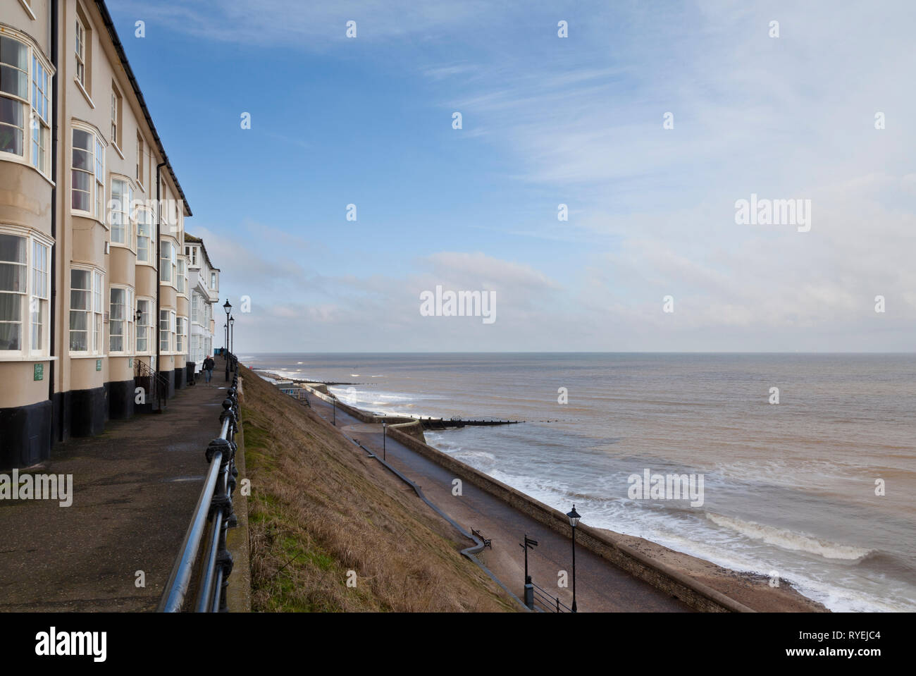 Promenade and houses looking out to the North Sea at Cromer, Norfolk, England, UK Stock Photo