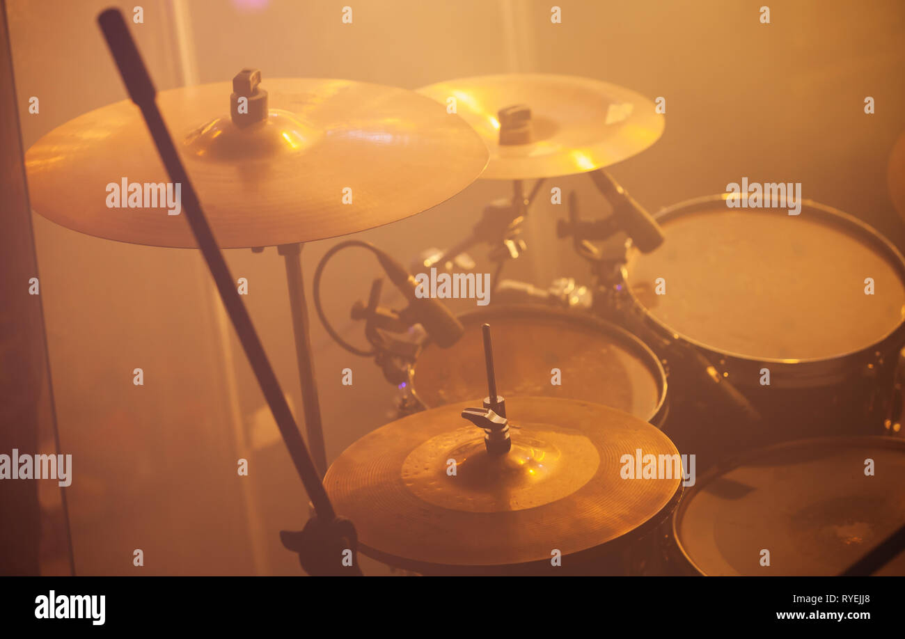 Live music photo, rock band drum set with cymbals Stock Photo