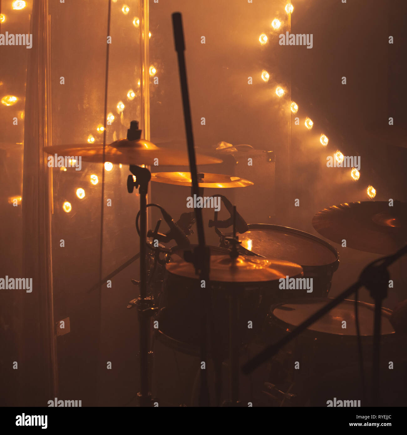 Live music square photo, rock band drum set with cymbals Stock Photo