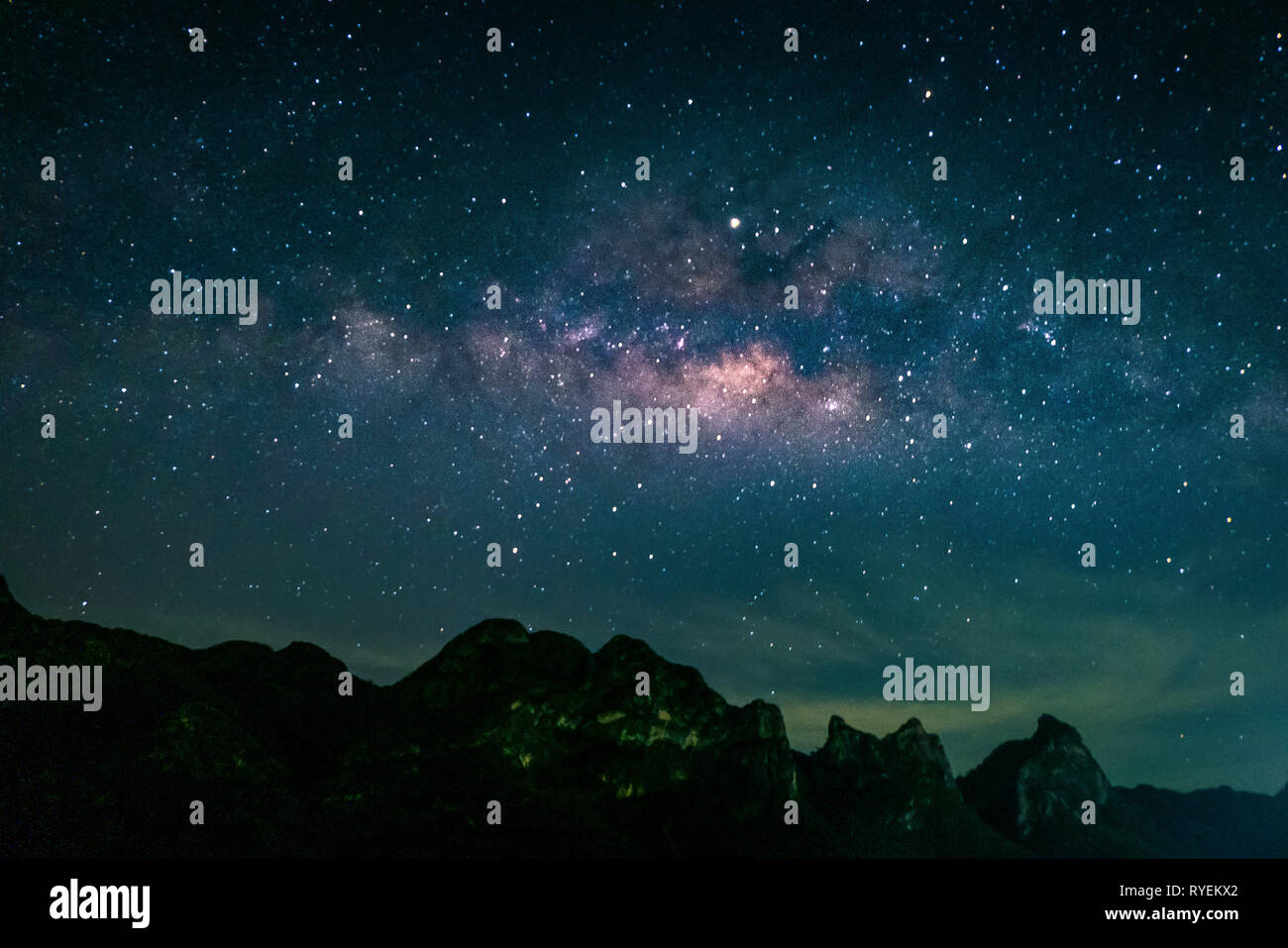 Landscape with Milky way galaxy. Night sky with stars over mountain ...