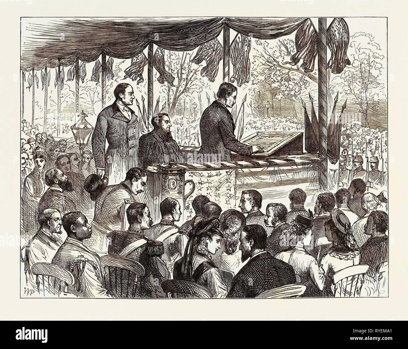 The Centennial Celebration of American Independence: The Fourth of July in Philadelphia: Mr. Richard Henry Lee Reading the Original Document of the Declaration of Independence. 1876 Stock Photo