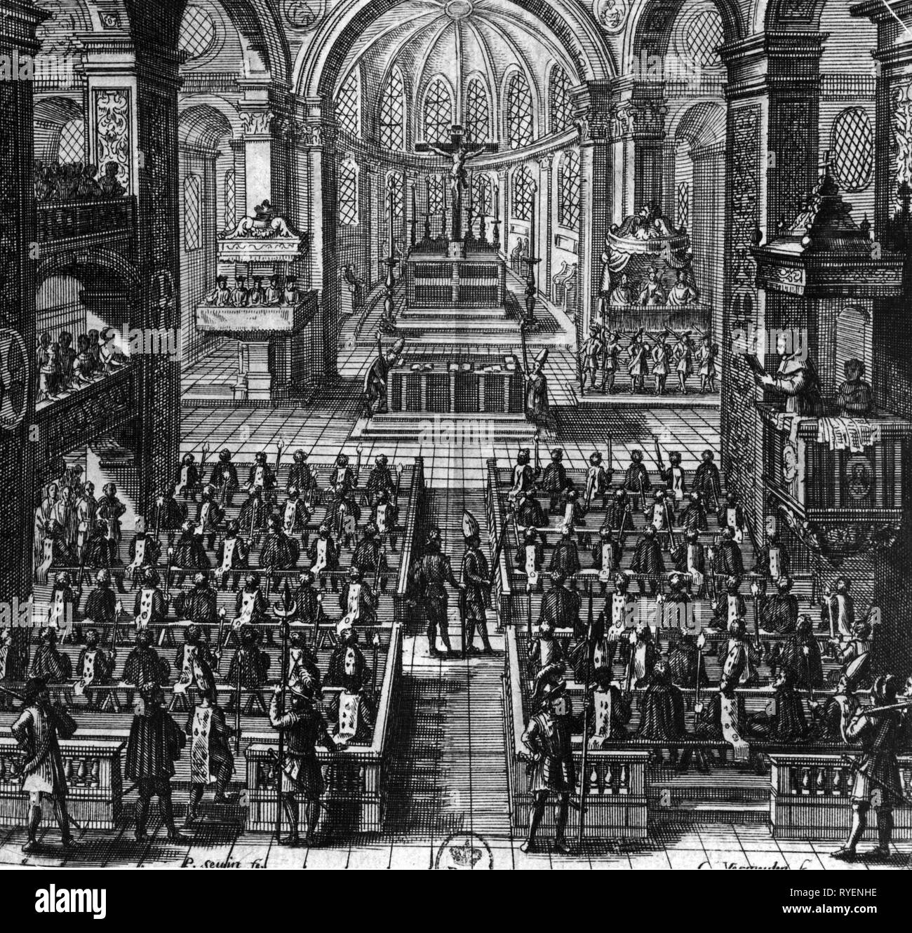 justice, inquisition, auto-da-fe, convicted heretics in the church, Lima, by C.Vermeulen, copper engraving, 17th century, 17th century, graphic, graphics, jurisdiction, court of justice, courts of justice, South America, Peru, religion, religions, Christianity, Catholicism, heresies, heresy, church, churches, pulpit, preach, preaching, crucifix, crucifixes, convict, holy Officium, candle, candles, ecclesiastic justice, clergyman, clergymen, auto-da-fe, auto da fe, heretic, heretics, Lima, historic, historical, people, Additional-Rights-Clearance-Info-Not-Available Stock Photo