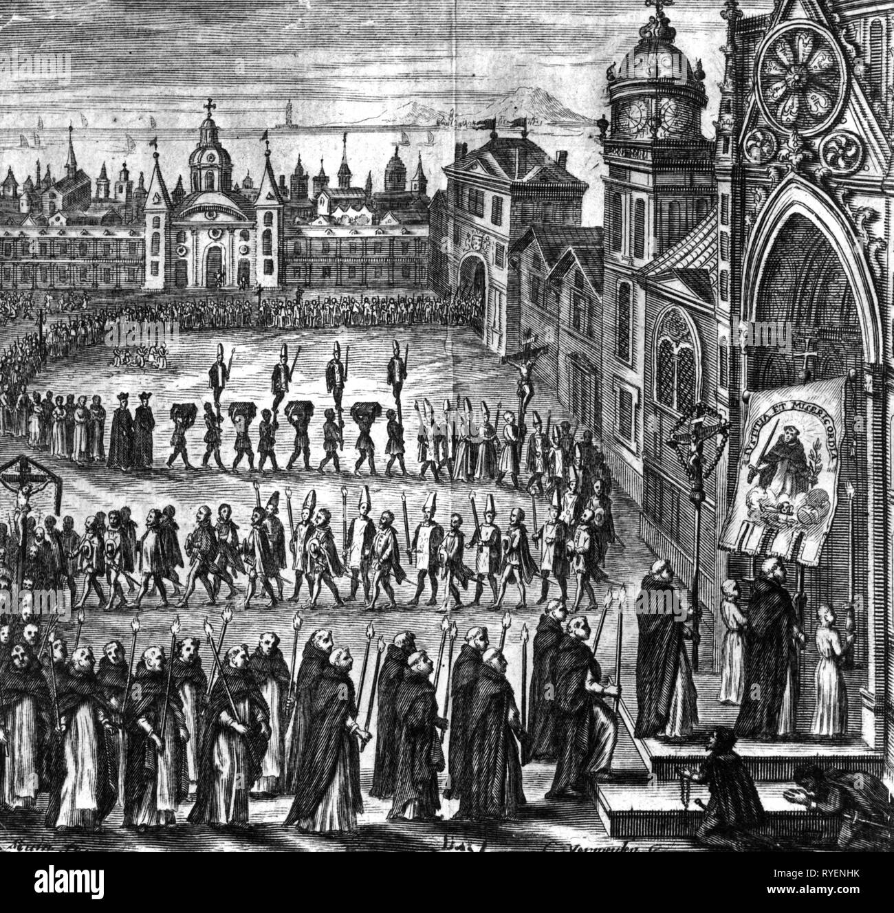 justice, inquisition, auto-da-fe, procession of inquisitors and convicts to the church, Lima, by C.Vermeulen, copper engraving, 17th century, 17th century, graphic, graphics, jurisdiction, court of justice, courts of justice, South America, Peru, religion, religions, Christianity, Catholicism, heresies, heresy, heretic, church, churches, crucifix, crucifixes, convict, holy Officium, candle, candles, clergyman justice, cleric, clerics, monk, monks, Dominican, procession, auto-da-fe, auto da fe, inquisitor, inquisitors, Lima, historic, historical, , Additional-Rights-Clearance-Info-Not-Available Stock Photo