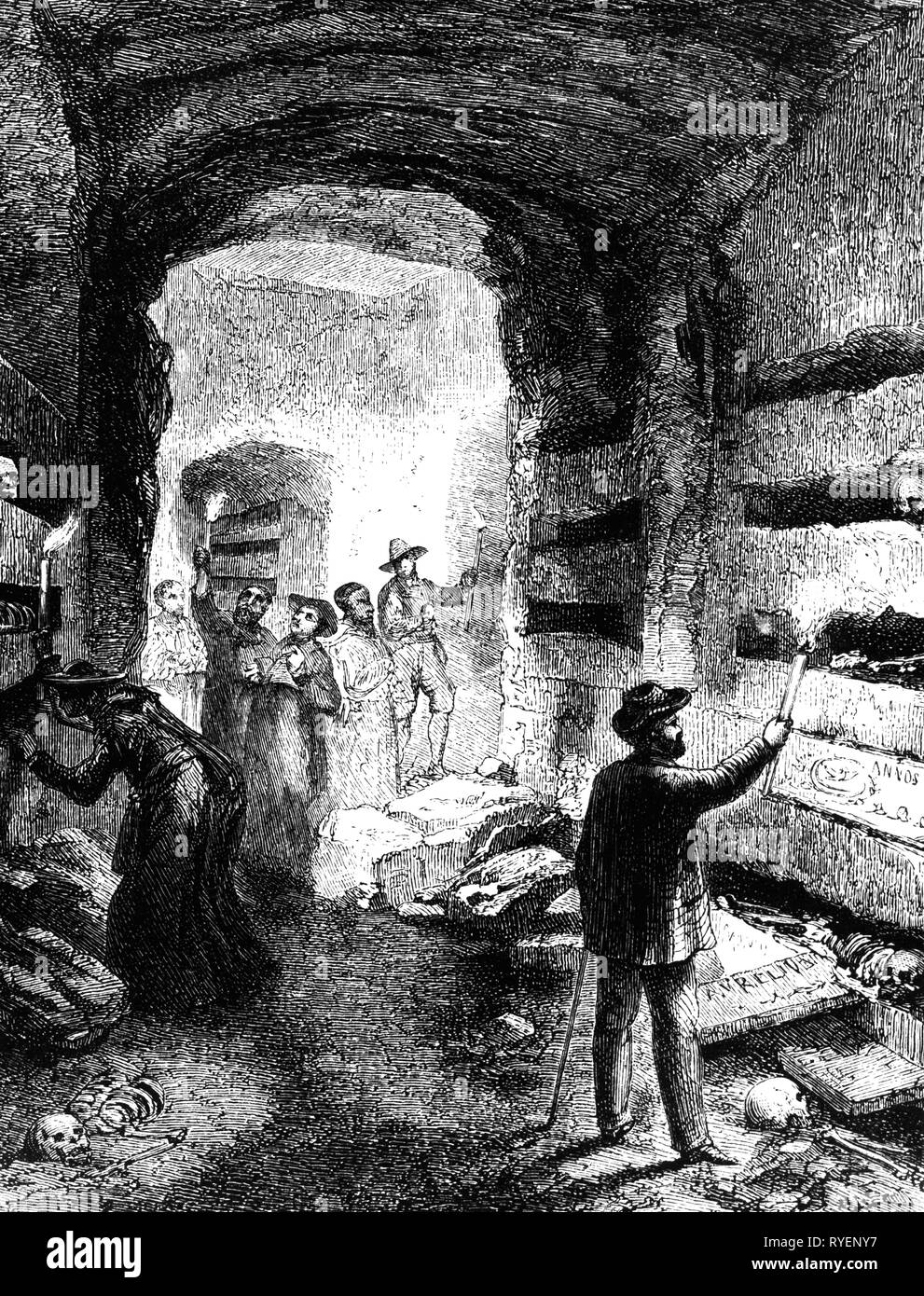 geography / travel, Italy, cities, Rome, building, Roman catacomb, wood engraving, 19th century, graphic, graphics, religion, religions, Christianity, ancient world, ancient times, persecution of Christians, persecution, persecutions, cavern, caverns, subterranean, subsurface, subterrestrial, grave, graves, visit, visits, visitor, visitors, clergyman, clergy, look at, looking at, torch, flambeau, torches, flambeaus, light, lights, Southern Europe, Europe, architecture, tomb, tombs, burial place, burial ground, burial site, resting place, cities, city, , Artist's Copyright has not to be cleared Stock Photo