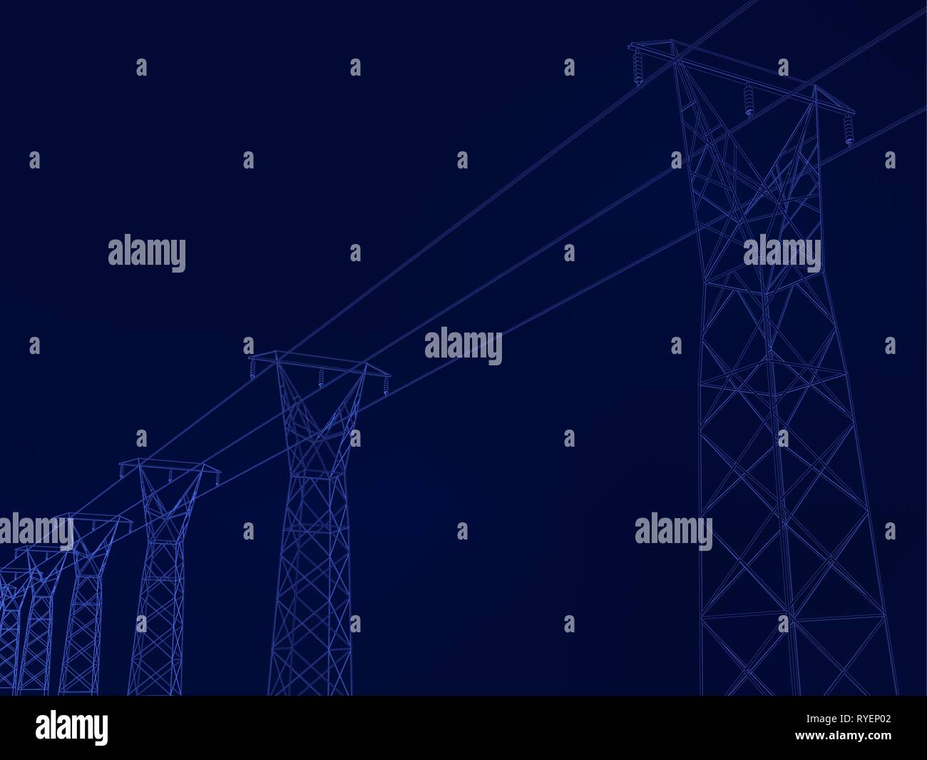 Background with power towers. Outlines of the power supply tower of blue lines on a dark background. Vector illustration Stock Vector