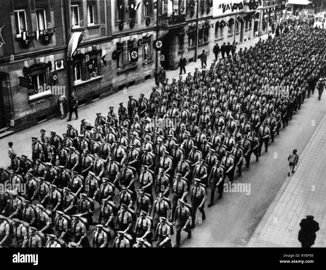 Nazism / National Socialism, 'Reichsparteitag der Freiheit', Nuremberg 10.- 16.9.1935, column of the storm battalion is marching through the city, 'Tag der Sturmabteilungen', Additional-Rights-Clearance-Info-Not-Available Stock Photo