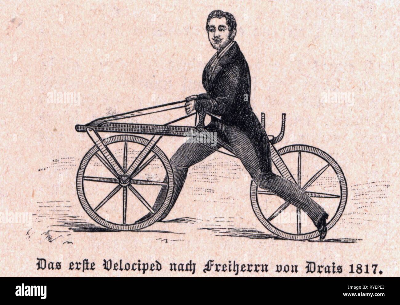 Draisienne, ancestor of the bicycle, invented 1816 by Baron Karl von Drais  (1785-1851), 1820 (colour engraving)