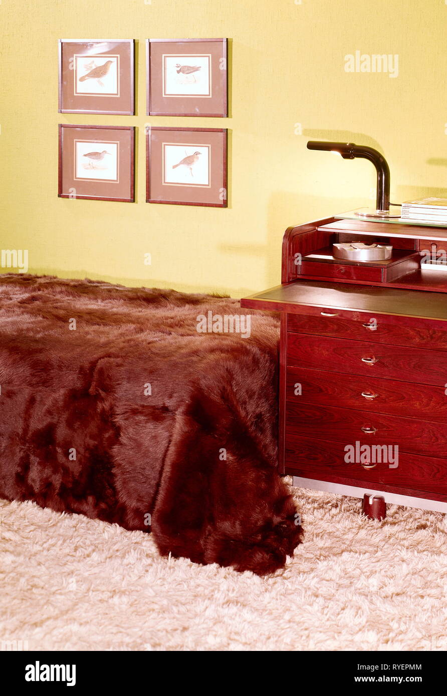 furnishings, bedroom, bed with fur bedcover, modern secretary, late 1960s, Additional-Rights-Clearance-Info-Not-Available Stock Photo