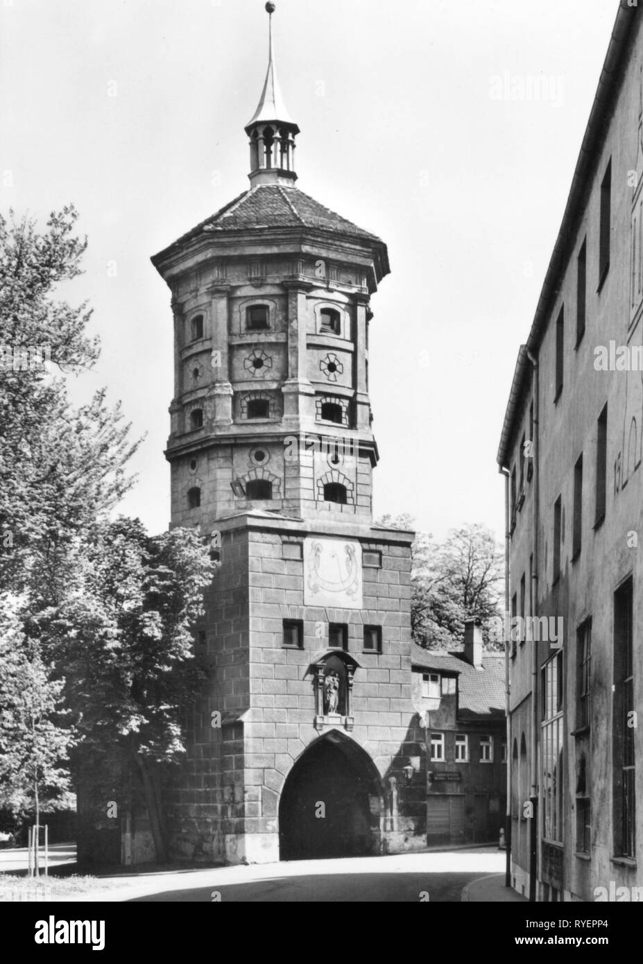 geography / travel, Germany, Augsburg, buildings, gates, Wertachbrucker gate, exterior view, picture postcard, 1950s, Additional-Rights-Clearance-Info-Not-Available Stock Photo