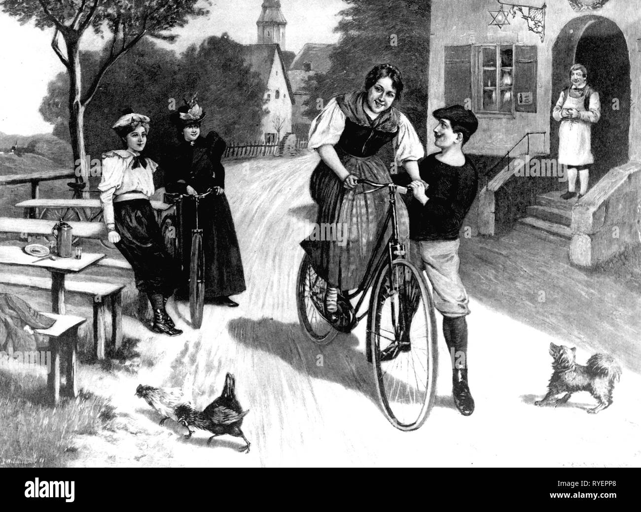 transport, bicycle, bike, bicycles, bikes, tourists from the city are showing the country girl how cycle, wood engraving after drawing by Widemann, Germany, 1899, Additional-Rights-Clearance-Info-Not-Available Stock Photo