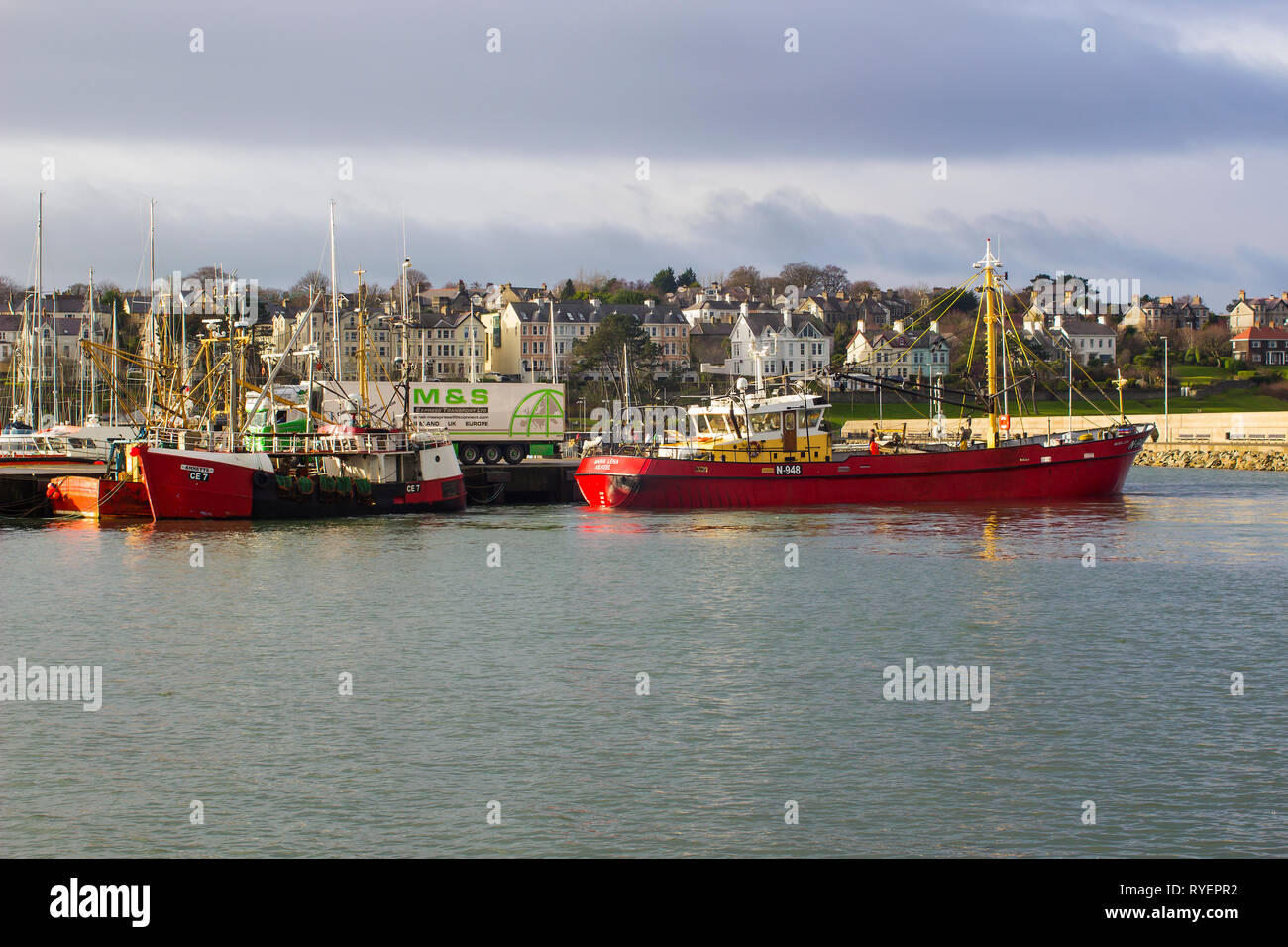 14 January 2017 Trawlers from Kilkeel iberthed at the harbour in Bangor Co Down Northern Ireland while taking on supplies. Stock Photo