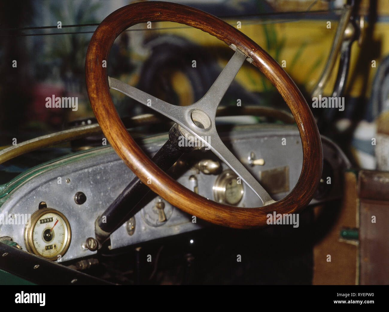 transport / transportation, car, detail, wood steering wheel of a brass car, Additional-Rights-Clearance-Info-Not-Available Stock Photo