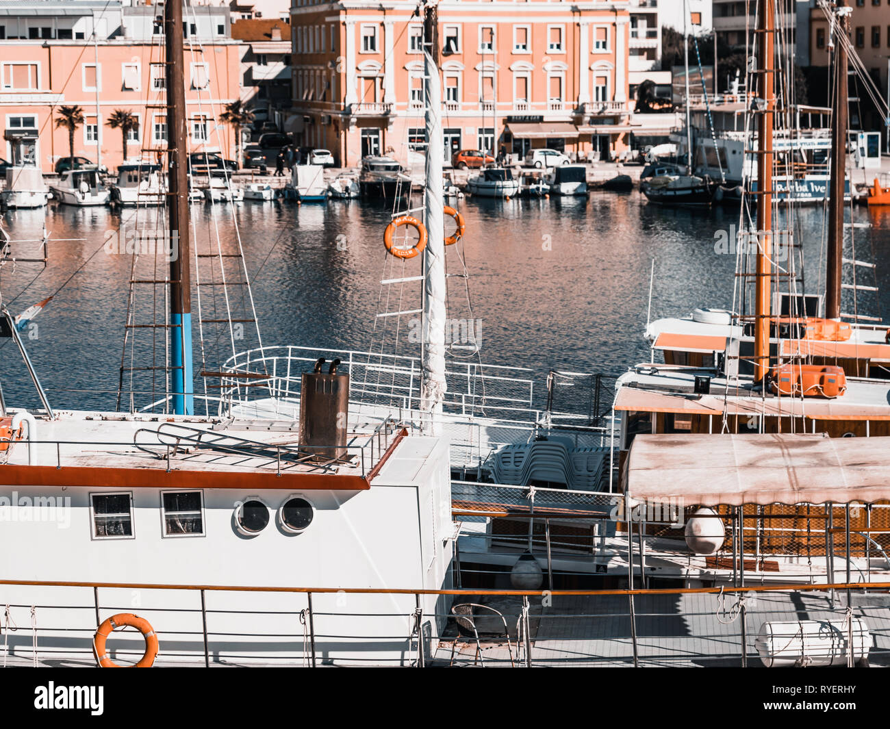 Port of Zadar, Croatia. Traditional vintage wooden boats Stock Photo