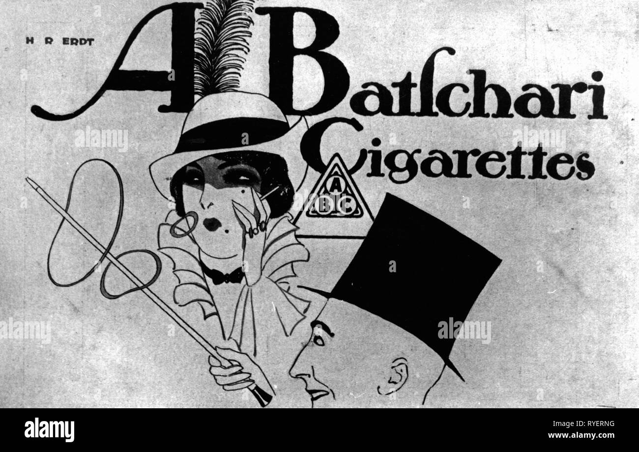 advertising, tobacco advertising, A. Batschari cigarettes, advertising poster, design: Hans Rudy Erdt, Germany, 1913, Additional-Rights-Clearance-Info-Not-Available Stock Photo