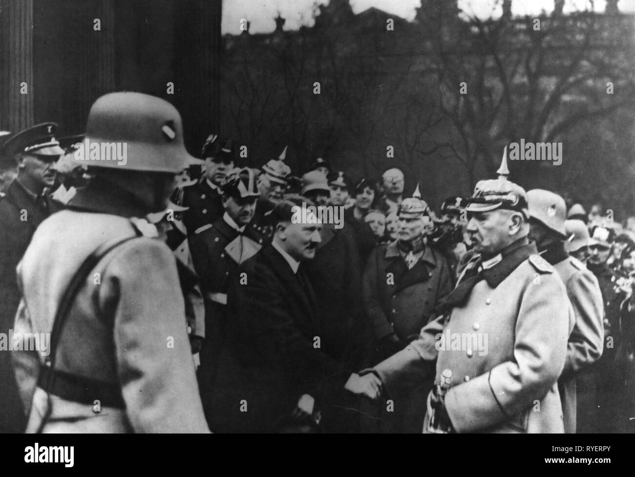 Nazism / National Socialism, event, celebration of Memorial Day, Chancellor of the Reich Adolf Hitler is greeting President of the Reich Paul von Hindenburg, Neue Wache, Unter den Linden, Berlin, 24.2.1934, Additional-Rights-Clearance-Info-Not-Available Stock Photo