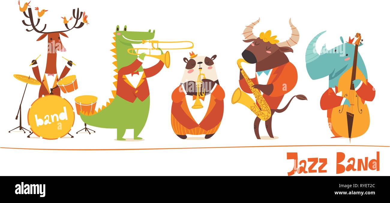 Funny animals musicians vector characters. Jazz music Stock Vector