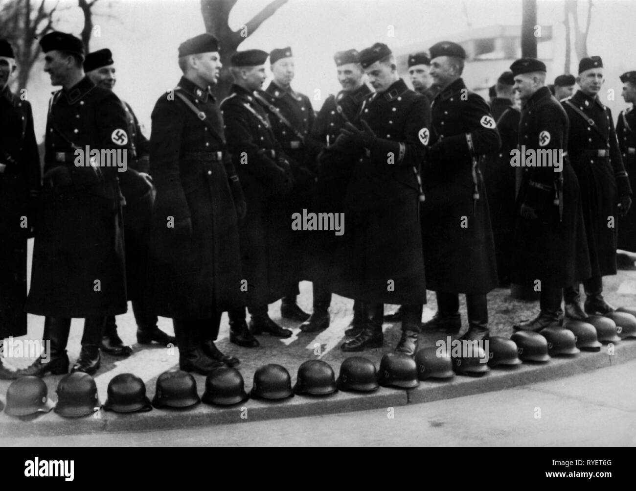 Nazism / National Socialism, organisations, Schutzstaffel (SS), men of the Leibstandarte 'Adolf Hitler' in readiness to the cordoning off service in front of the Kroll Opera House, Berlin, Germany, 1930s, Additional-Rights-Clearance-Info-Not-Available Stock Photo