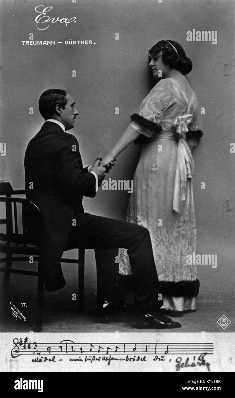 theatre / theater, turn of the century, Louis Treumann, Mizzi Guenther, in 'Eva', by Franz Lehar, picture postcard, Vienna, 1911, Additional-Rights-Clearance-Info-Not-Available Stock Photo