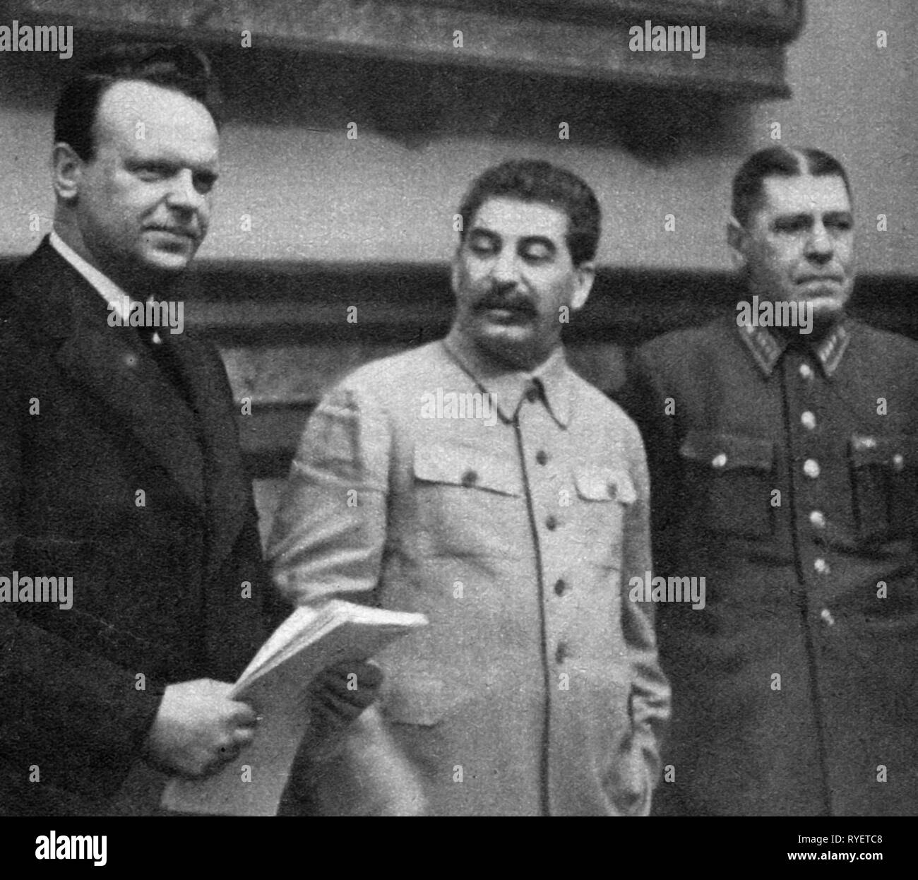 Nazism / National Socialism, politics, German-Soviet non-aggression treaty, 1939, from the left: the Soviet ambassador in Germany Aleksey Shkvarzev, secretary-general the CPSU Joseph Stalin and Chief of General staff general Boris Shaposhikov after the signing, Moscow, 24.8.1939, German Soviet, Hitler - Stalin - pact, Ribbentrop Molotov Pact, Ribbentrop - Molotov - pact, Molotov-Ribbentrop Pact, diplomacy, foreign policy, external policy, Russia, Soviet Union, USSR, Union of Socialist Soviet Republics, Germany, German Reich, Third Reich, people, , Additional-Rights-Clearance-Info-Not-Available Stock Photo