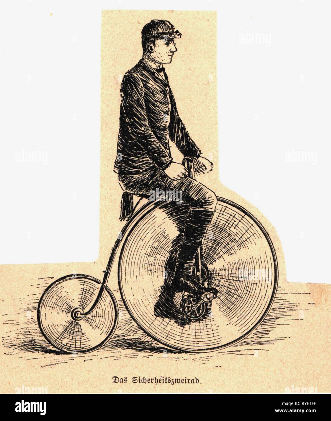 transport / transportation, bicycles, penny-farthing, safety bicycle, wood engraving, Germany, 1891, Additional-Rights-Clearance-Info-Not-Available Stock Photo