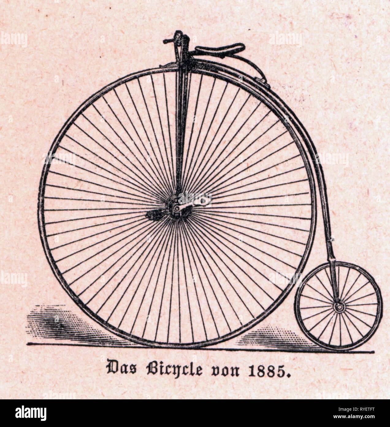 transport / transportation, bicycle, penny-farthing from 1885, wood engraving, circa 1895, Additional-Rights-Clearance-Info-Not-Available Stock Photo