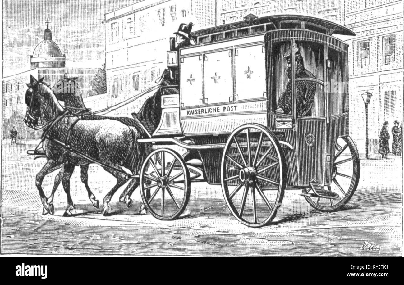 mail, mail coach, street mail coach of the Imperial German mail in Berlin, wood engraving, 1890, Additional-Rights-Clearance-Info-Not-Available Stock Photo