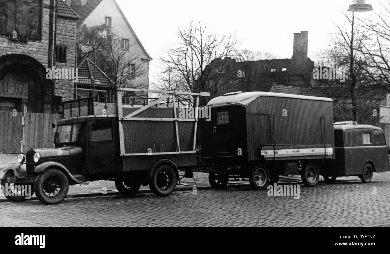 transport / transportation, car, lorry, Opel Blitz, with two trailers, toilet car of Gustav Stuckenholz and a caravan, Herford, picture postcard, circa 1950s, Additional-Rights-Clearance-Info-Not-Available Stock Photo