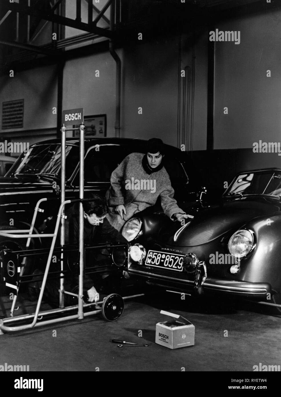 transport / transportation, car, maintenance, headlight adjustment test at a Porsche 356, Bosch Company, Stuttgart, 1st half 1950s , Additional-Rights-Clearance-Info-Not-Available Stock Photo