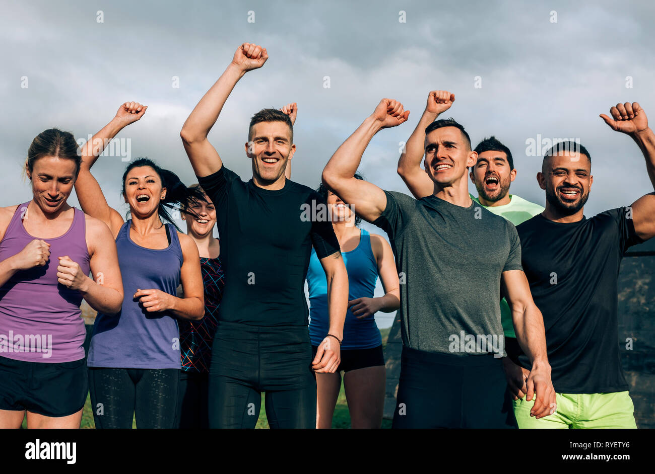 Participants ready to start obstacle course Stock Photo