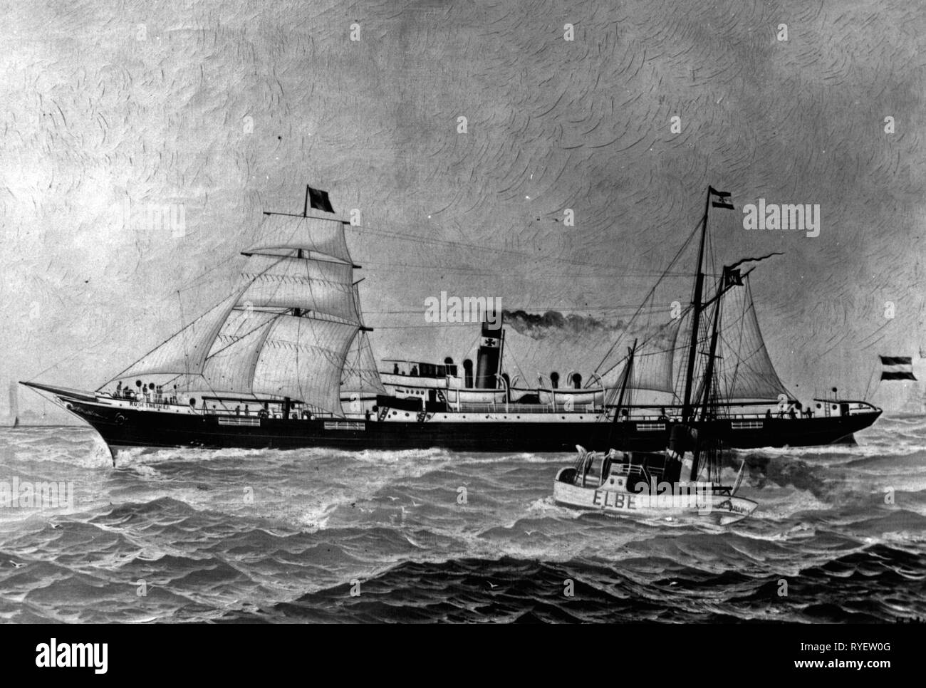 transport / transportation, navigation, steamship, 'Ruedesheimer', built 1889 by the Sunderland Shipbuilding Company, Sunderland, England, in commission of the DDG Hansa, Bremen, 1889 - 1905, based on painting, circa 1891, Additional-Rights-Clearance-Info-Not-Available Stock Photo