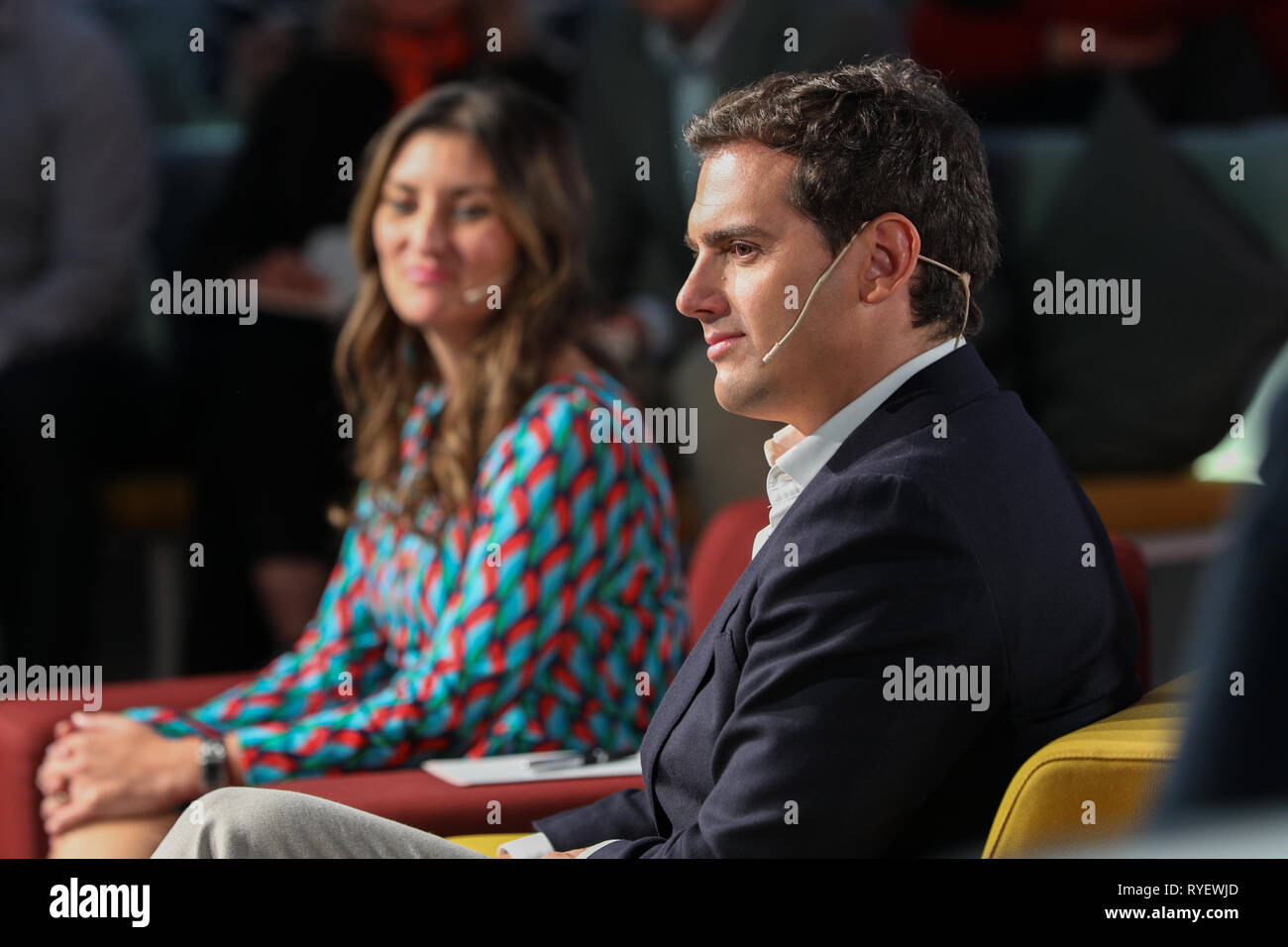 Sara Jimenez (L) and Albert Rivera (R) are seen attending the debate on discrimination that exists in Spain. Stock Photo