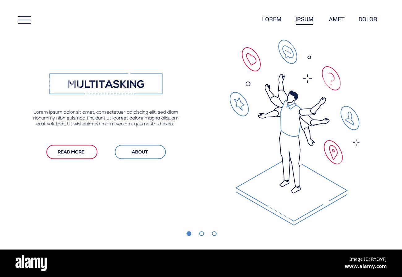 Multitasking concept - line design style isometric web banner Stock Vector