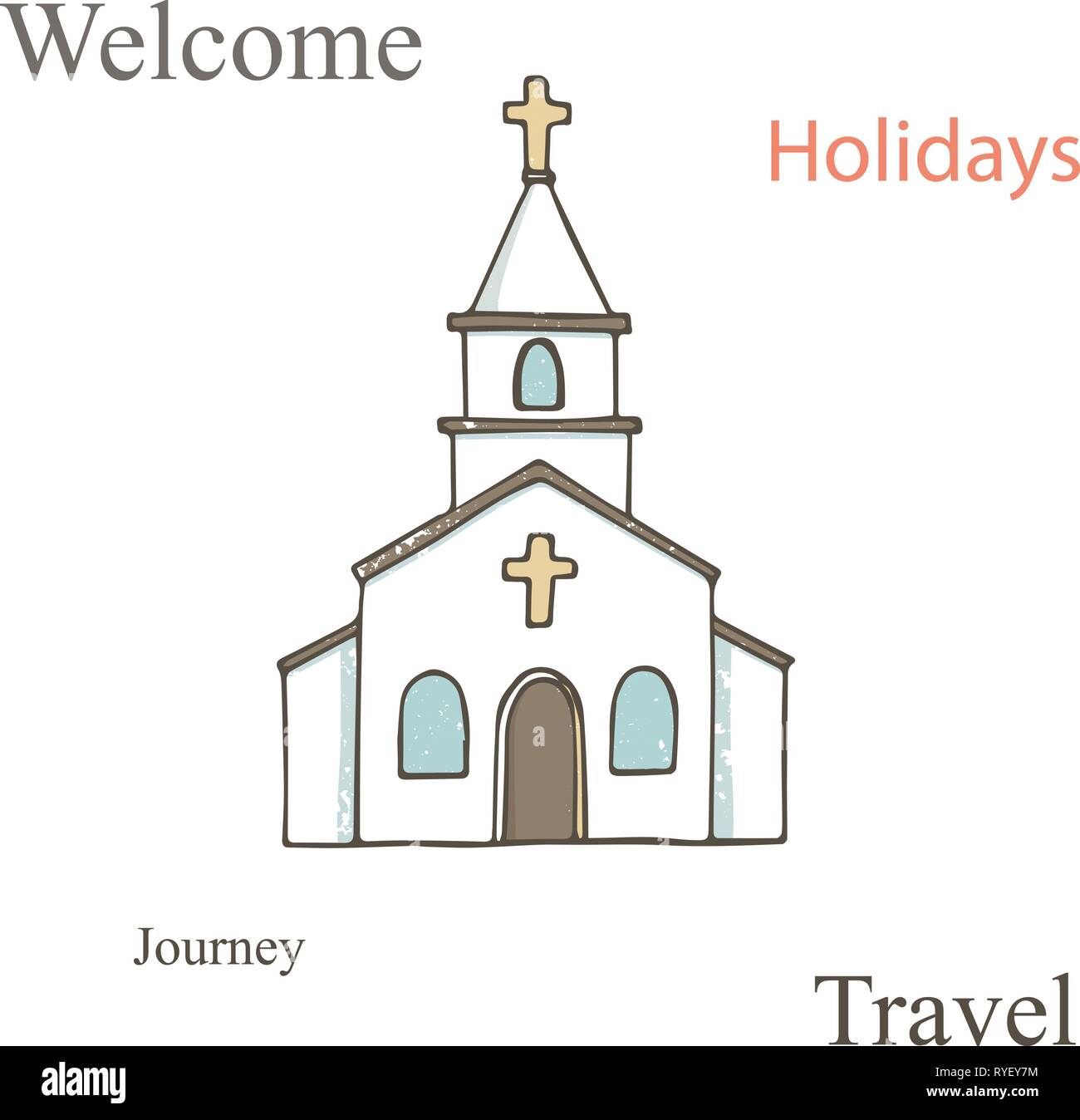 Church icon. Vector illustration for religion architecture design. Cartoon  church building silhouette with cross, chapel, fence, trees. Hand drawn fla  Stock Vector Image & Art - Alamy