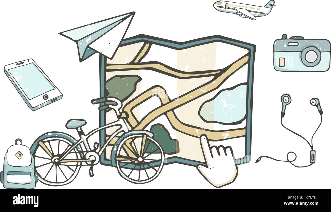 Map design concept set with phone, bike, backpack and world navigation flat icons isolated vector illustration grunge style texture, hand drawn clip a Stock Vector