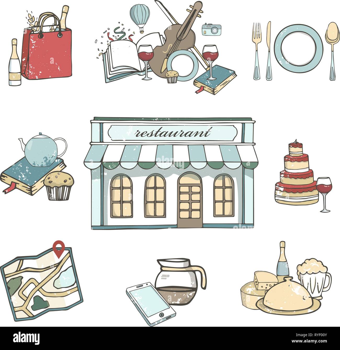 Travel set hand drawn restaurant icons set, flat illustration grunge ...