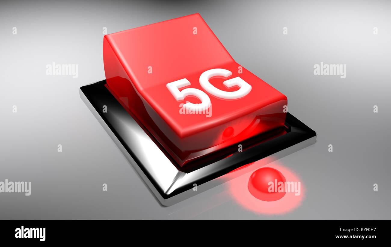 Red 5G switch in ON position - 3D rendering illustration Stock Photo