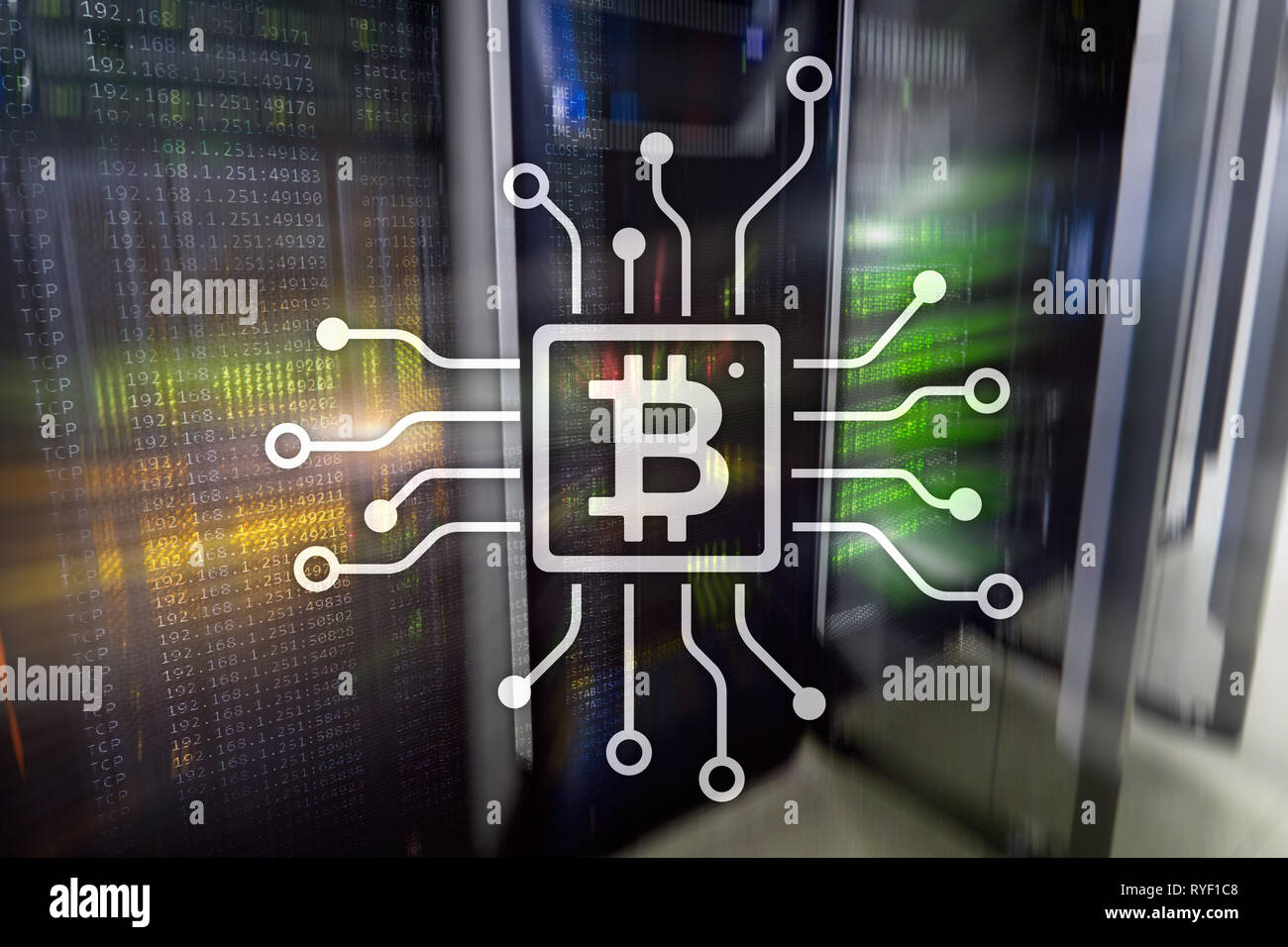 Bitcoin, Blockchain concept on server room background Stock Photo - Alamy