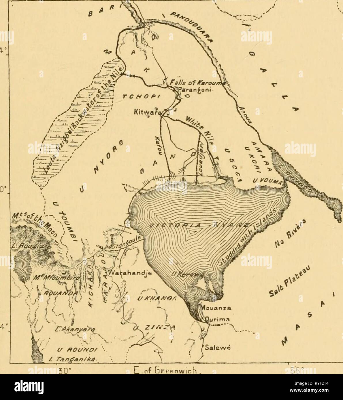 The earth and its inhabitants ..  earthitsinhabita0186recl Year: 1886  EIVEES. 7 sluo-o-isli rivers as the Juba, Tana, Lufiji, and Rovuma. But soutli of the great central lacustrine plateaux the Zambezi, whose furthest headstreams rise near the west coast, drains a vast tract of country estimated at about 750,000 square miles, or nearly three times the size of France. In volume it ranks third amongst African rivers, but in length fourth only. Still farther south the Limpopo has also a con- siderable discharge ; whereas the Orange, whose basin exceeds 400,000 square miles in extent, contributes Stock Photo