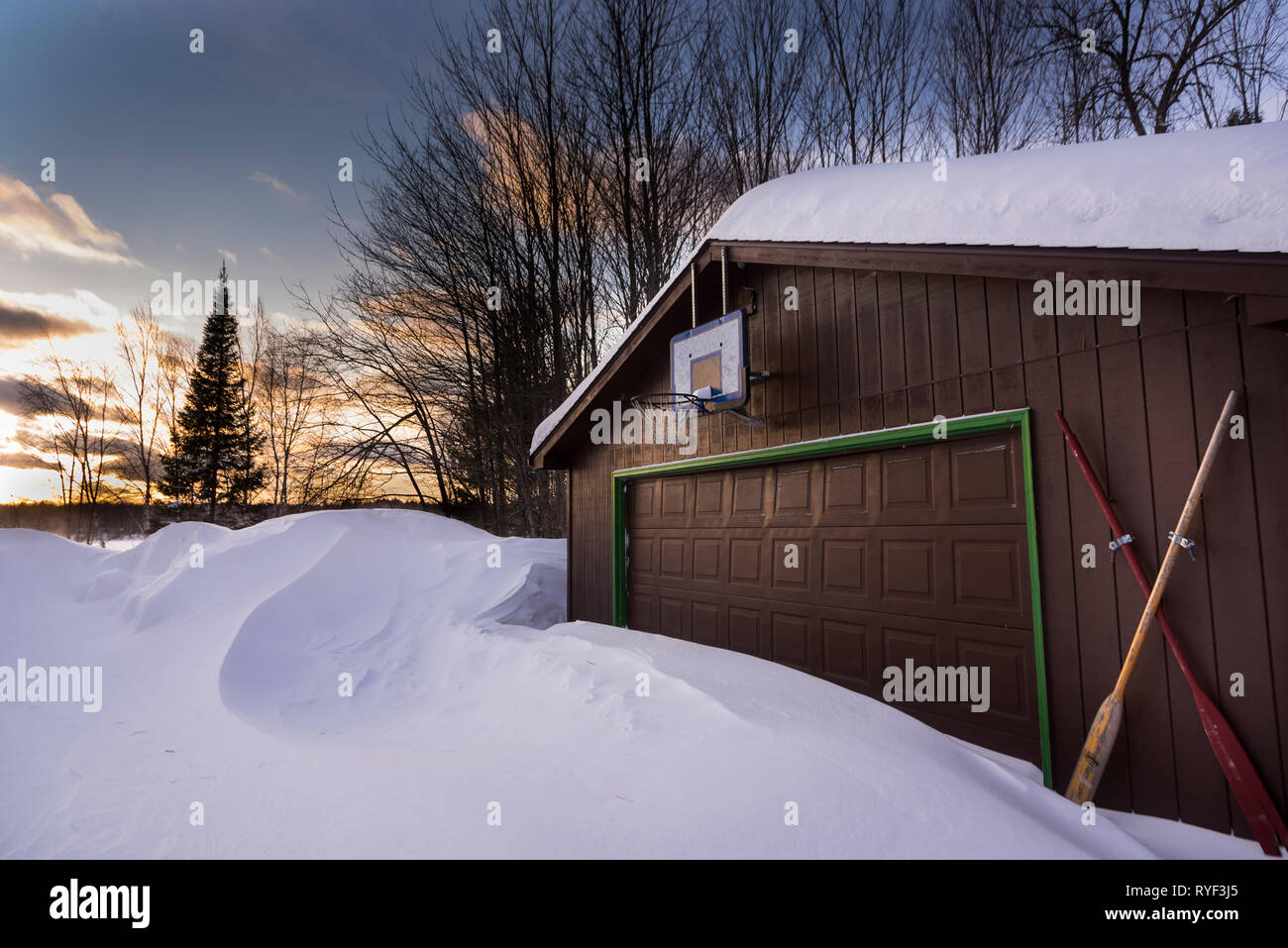 Large piles and snow drifts in Northern Wisconsin. Stock Photo