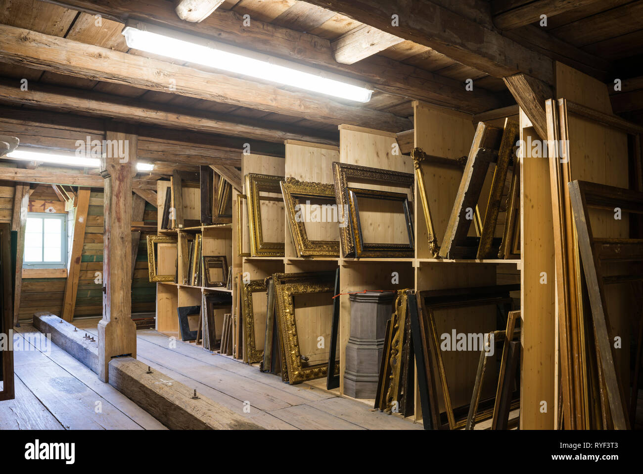 'Frames stored in attic in Schloss Unterleinleiter in Bavaria, Germany' Stock Photo