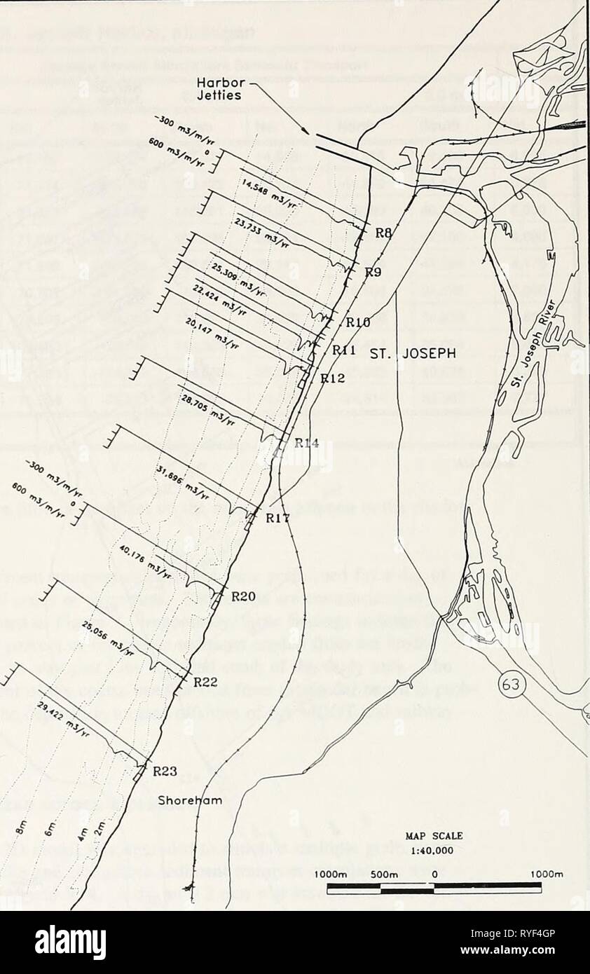 Effectiveness of beach nourishment on cohesive shores, St. Joseph, Lake Michigan  effectivenessofb00nair Year: 1997  H LAKE MICHIGAN Harbor Jetties    Figure 6. Net annual alongshore transport (dgg = 0.4 mm) 20 Chapter 4 Analyses of Coastal Processes and Geomorphology Stock Photo