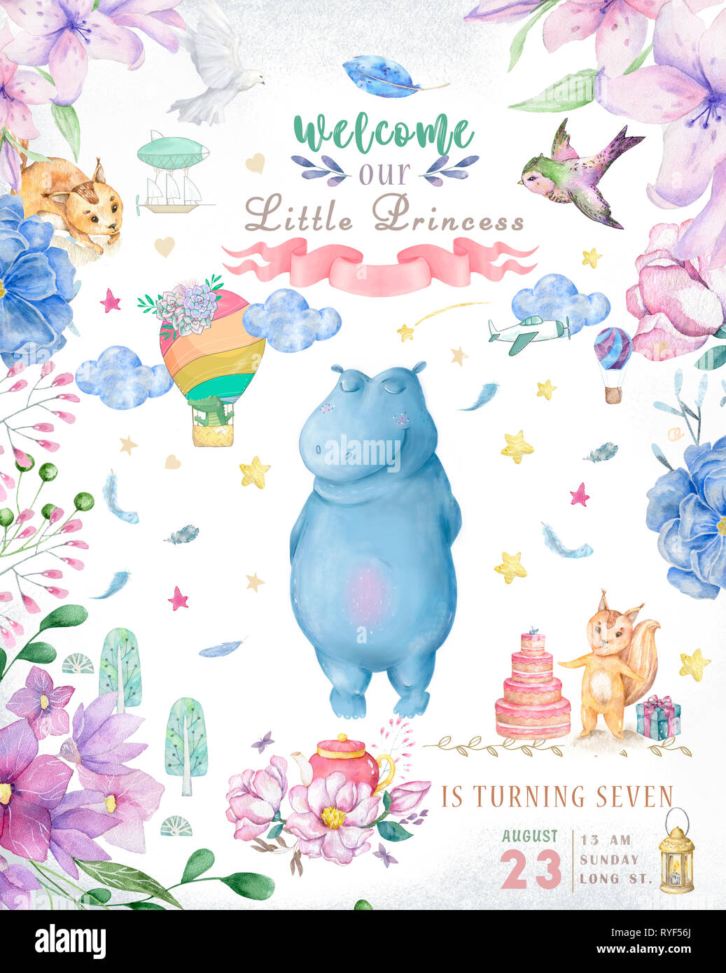 Cute Happy Birthday Card With Hippo Watercolor Hippo And Beauty Pink 