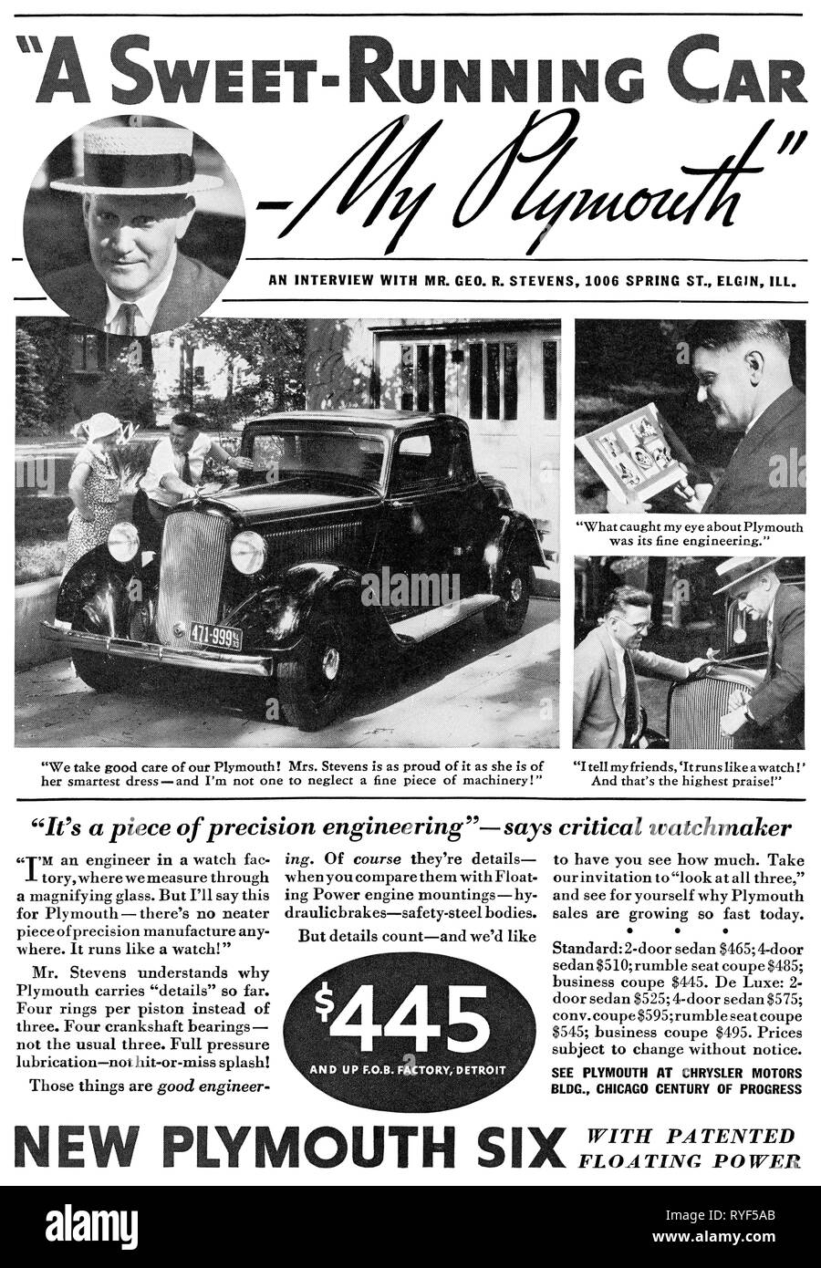 1933 U.S. advertisement for the Plymouth Six automobile. Stock Photo