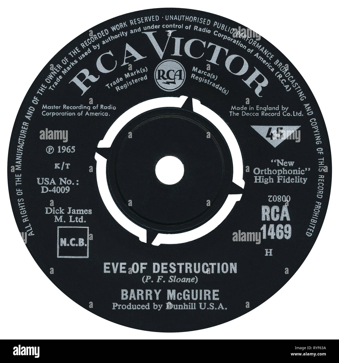 UK 45 rpm single of Eve Of Destruction by Barry McGuire on the RCA Victor label from 1965. Written by P. F. Sloan and produced by Lou Adler, P. F. Sloan and Steve Barri. Stock Photo